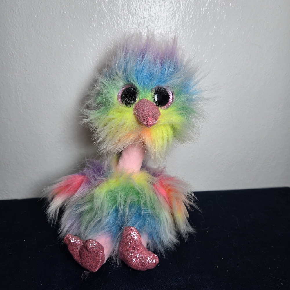 NWT Ty Beanie Boo ASHA Rainbow Ostrich Glitter Eyes Medium 9 Inch